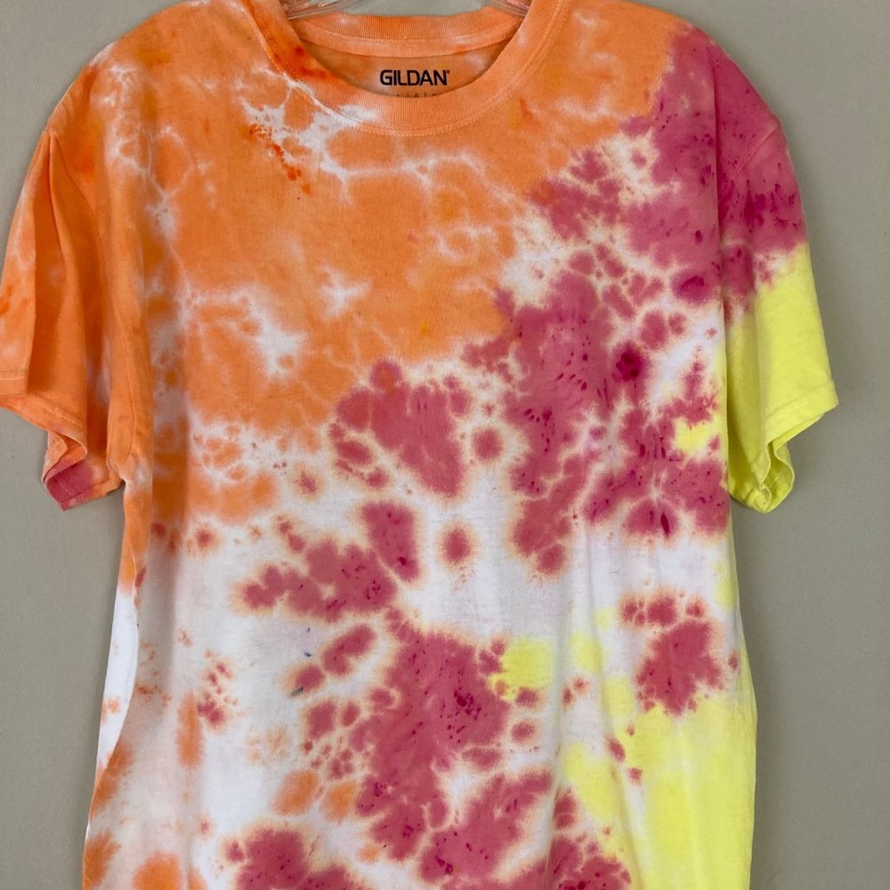Custom Upcycled Gildan orange, pink & yellow Tie Dye Tee, Large